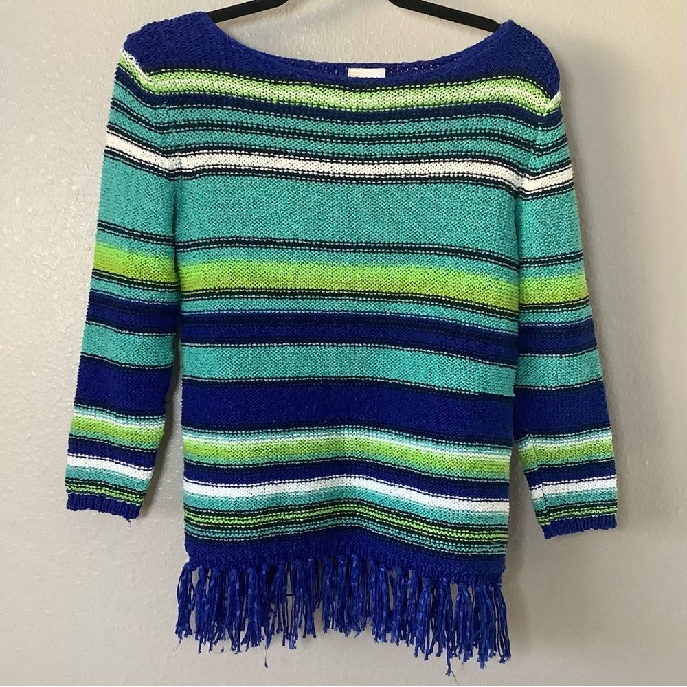 Ruby Rd Blue Green Artsy Bohemian Festival Striped Artsy Fringe Knit‎ Sweater S
